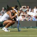 Naomi Osaka of Japan during her loss against Karolina Muchova of the Czech Republic in the quarter-final round of the Ladies' Singles Competition on No.1 Court during the Wimbledon Lawn Tennis Championships at the All England Lawn Tennis and Croquet Club at Wimbledon.