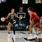 A'ja Wilson #22 of the Las Vegas Aces drives to the basket during the game against the Indiana Fever on July 12, 2026 at Michelob ULTRA Arena in Las Vegas, Nevada.