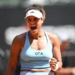Mayar Sherif of Egypt plays during a game against Dalma Galfi of Hungary at the Unicredit Iasi Open in Iasi, Romania.