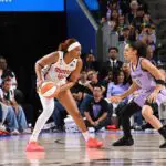 Kiki Iriafen #44 of the Washington Mystics looks to pass the ball during the game against the Golden State Valkyries on July 20, 2026 at Chase Center in San Francisco, California.