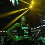Napheesa Collier #24 of the Minnesota Lynx looks on before the game against the Seattle Storm on July 22, 2026 at Climate Pledge Arena in Seattle, Washington.