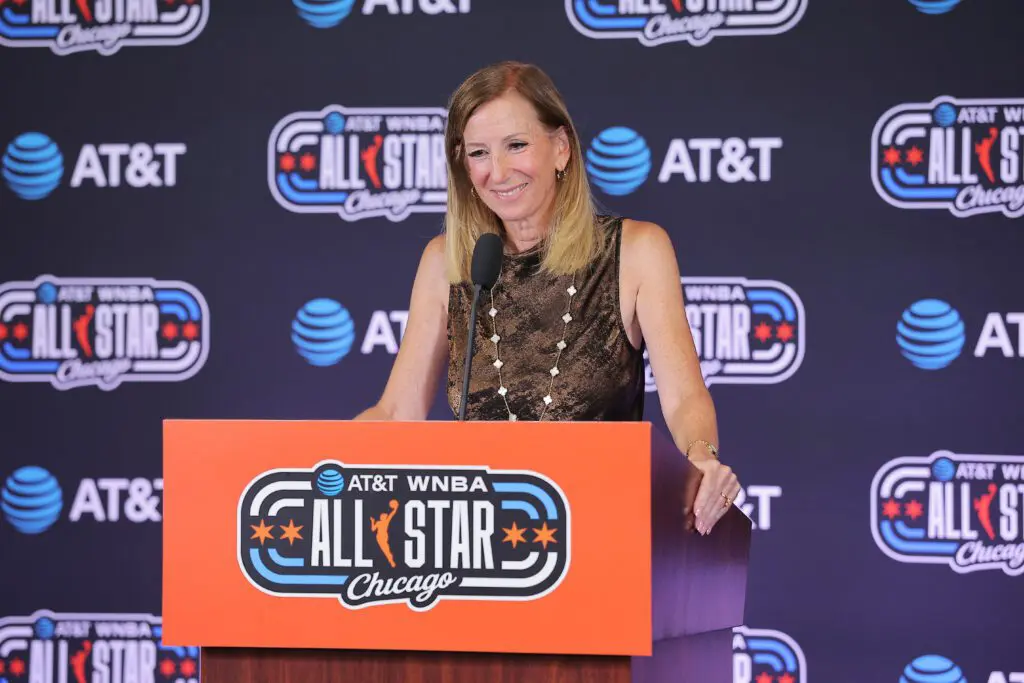 WNBA Commissioner Cathy Engelbert talks to media during a press conference.