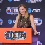 WNBA Commissioner Cathy Engelbert talks to media during a press conference.