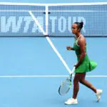 Leylah Fernandez of Canada celebrates during women's singles match against Magda Linette of Poland on day one of the Mubadala Citi DC Open 2026.