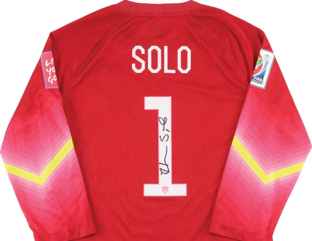 Tight shot of Hope Solo's 2015 FIFA Women's World Cup Final Signed Match Worn Jersey.