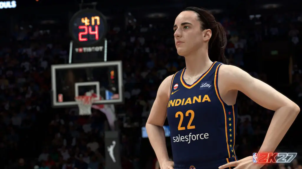 NBA 2K27 first look screenshot featuring Indiana Fever star Caitlin Clark posing on the court.