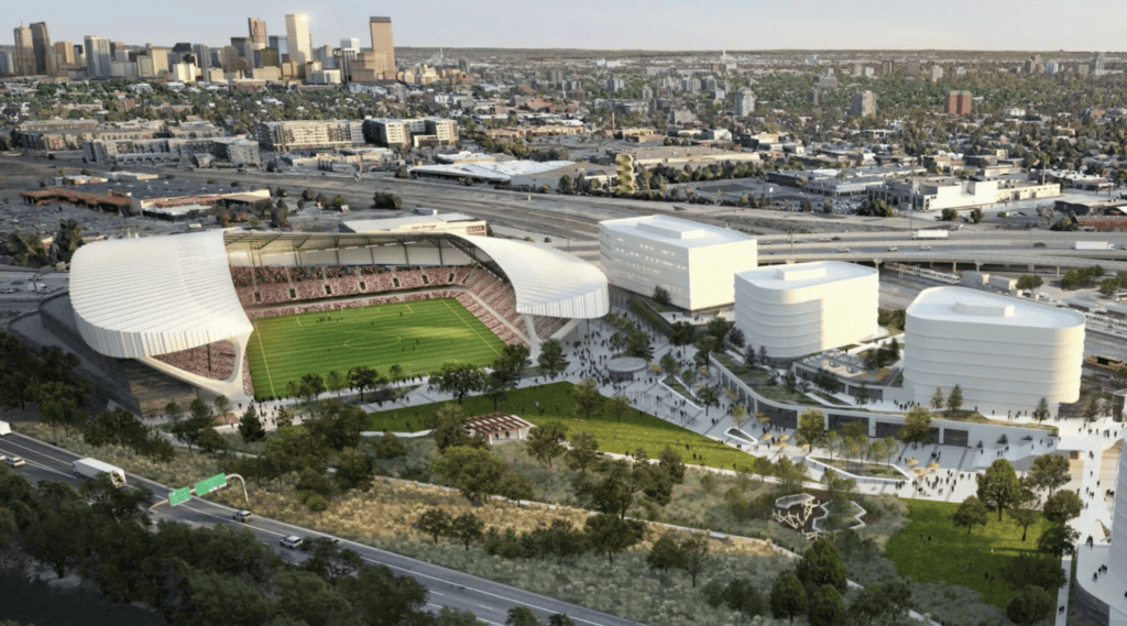 A rendering of Denver Summit FC's planned stadium at Santa Fe Yards.