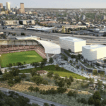 A rendering of Denver Summit FC's planned stadium at Santa Fe Yards.