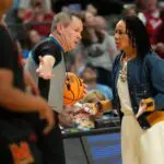 South Carolina head coach Dawn Staley disputes a call with an official at Legacy Arena in the Sweet 16. South Carolina advanced to the Elite 8 with a 71-67 victory.