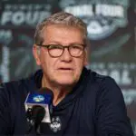 UConn Huskies head coach Geno Auriemma talks to media before the NCAA Woman’s Final practice at Amalie Arena.