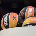 Basketballs are seen during the 2025 WNBA All Star Skills Challenge at Gainbridge Fieldhouse.