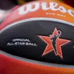 A basketball sits on a rack Friday, July 18, 2025, ahead of the WNBA All-Star 3-point and skills contests at Gainbridge Fieldhouse in Indianapolis.