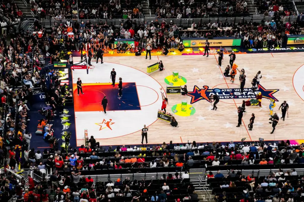 Atlanta Dream's Allisha Gray (15) competes Friday, July 18, 2025, during the WNBA All-Star 3-point contest at Gainbridge Fieldhouse in Indianapolis.