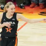 Dallas Wings' Paige Bueckers (5) reacts after a basket Saturday, July 19, 2025, during the WNBA All-Star Game at Gainbridge Fieldhouse in Indianapolis.