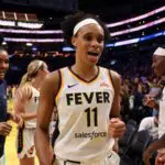 Indiana Fever forward Brianna Turner (11) celebrates after defeating the Los Angeles Sparks 76-75 at Crypto.com Arena.