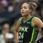 Minnesota Lynx forward Napheesa Collier (24) looks on against the Golden State Valkyries in the second half during game one of round one for the 2025 WNBA Playoffs at Target Center.