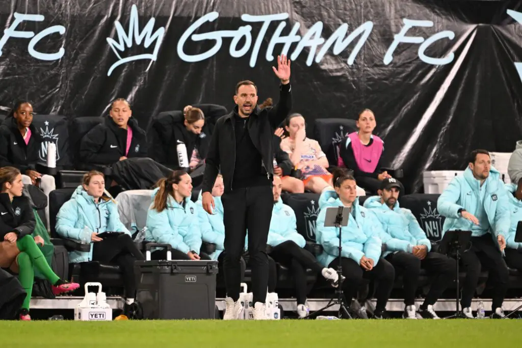 Gotham FC head coach Juan Carlos Amorós looks on during the second half against the North Carolina Courage at Sports Illustrated Stadium.