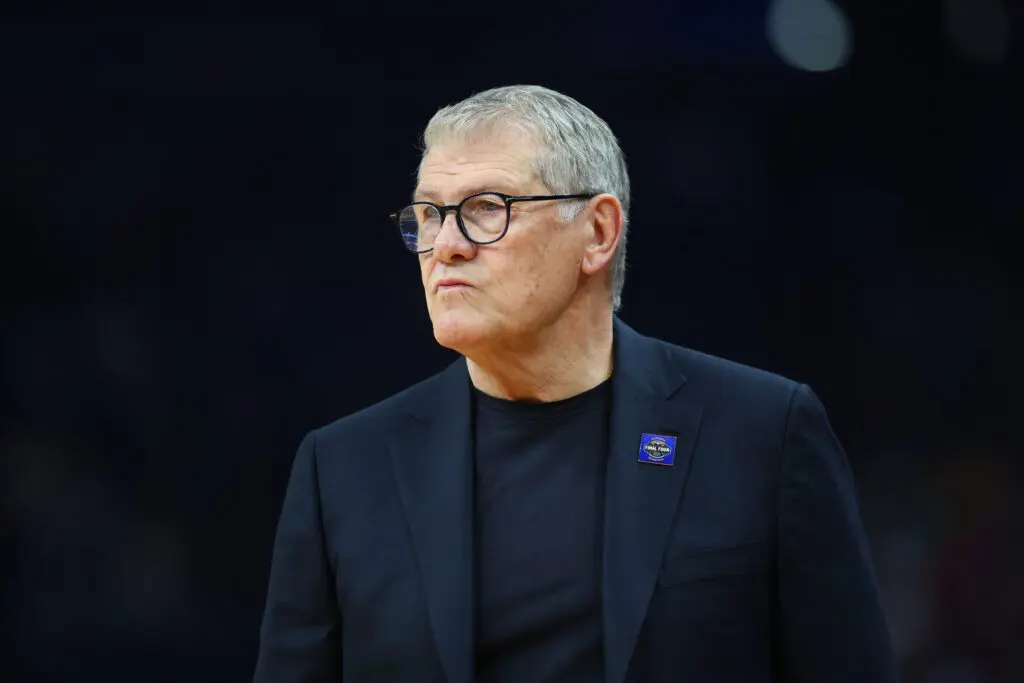 UConn Huskies head coach Geno Auriemma looks on during the first half of a semifinal of the Final Four of the women's 2026 NCAA Tournament.