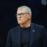 UConn Huskies head coach Geno Auriemma looks on during the first half of a semifinal of the Final Four of the women's 2026 NCAA Tournament.