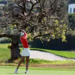 Nelly Korda hits her second shot on the ninth hole during the third round of the U.S. Women's Open golf tournament at Riviera Country Club.