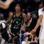 Seattle Storm guard Flau'jae Johnson (4) drives the ball in the second half against the Golden State Valkyries at Climate Pledge Arena.