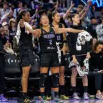 The Golden State Valkyries bench celebrates during the fourth quarter against the Los Angeles Sparks in a Commissioner’s Cup game at Chase Center.