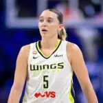 Dallas Wings guard Paige Bueckers (5) looks on during the first half against the Chicago Sky at College Park Center.