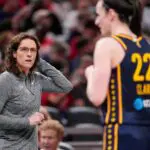 Indiana Fever head coach Stephanie White looks on to Indiana Fever guard Caitlin Clark (22).