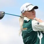 Charley Hull hits her tee shot on the 11th hole during the first round of the KPMG Women's PGA Championship golf tournament.