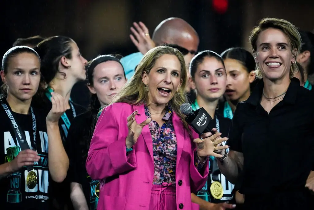 Commissioner Jessica Berman speaks about the future team in Columbus after the NWSL Challenge Cup match at ScottsMiracle-Gro Field on June 26, 2026 in Columbus, Ohio ahead of the Queens Classic with Gotham FC.