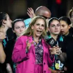 Commissioner Jessica Berman speaks about the future team in Columbus after the NWSL Challenge Cup match at ScottsMiracle-Gro Field on June 26, 2026 in Columbus, Ohio ahead of the Queens Classic with Gotham FC.