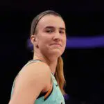 New York Liberty guard Sabrina Ionescu (20) reacts at a fan during the fourth quarter against the Golden State Valkyries at Chase Center.