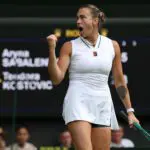 Aryna Sabalenka celebrates after match point against Teodora Kostovic (SRB) (not pictured) on day one of The Championships Wimbledon 2026 at All England Lawn Tennis and Croquet Club.