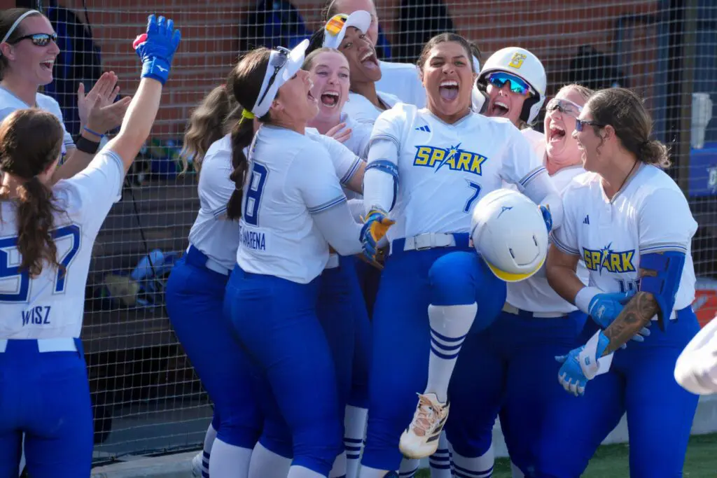 Maya Brady of the Oklahoma City Spark celebrates after hitting a home run during an AUSL softball game between the Oklahoma City Spark and the Texas Volts at Oklahoma Christian University, Tuesday, June 9, 2026.
