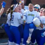 Maya Brady of the Oklahoma City Spark celebrates after hitting a home run during an AUSL softball game between the Oklahoma City Spark and the Texas Volts at Oklahoma Christian University, Tuesday, June 9, 2026.