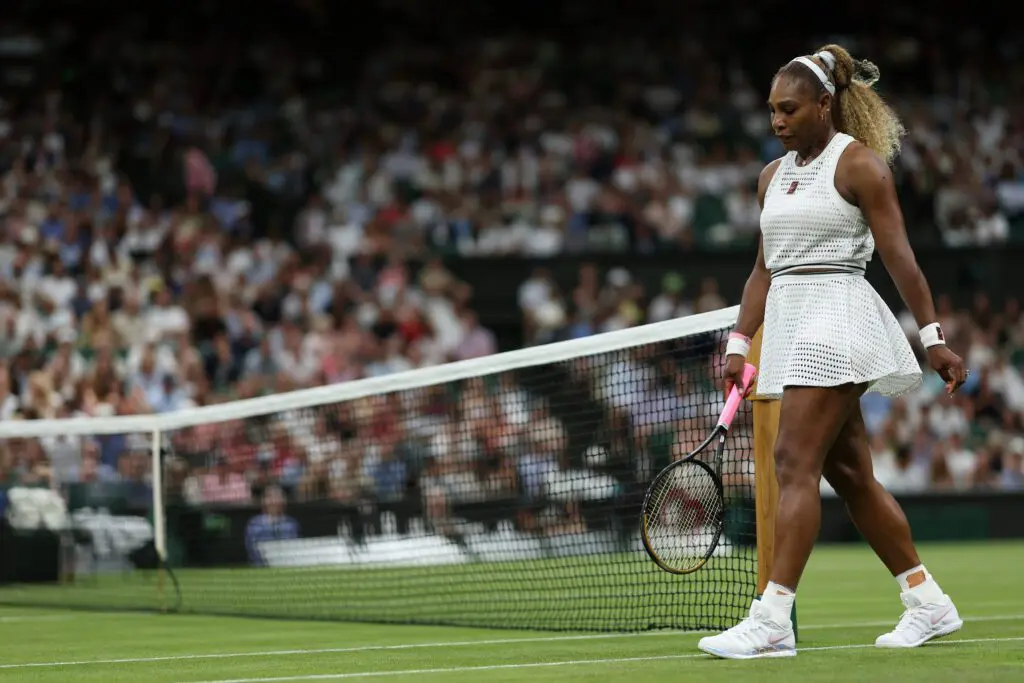 Serena Williams (USA) changes ends during a second set tiebreaker against Maya Joint (AUS) (not pictured) on day two of The Championships Wimbledon 2026.
