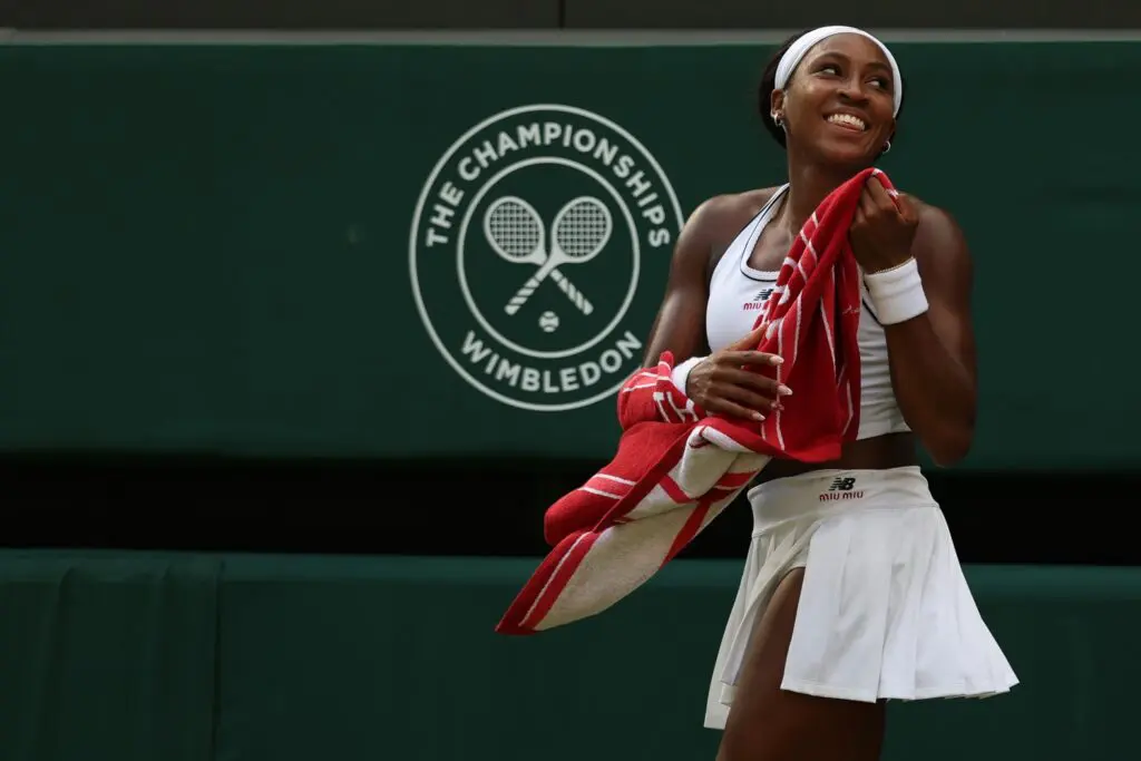 Coco Gauff (USA) reacts after her match against Solana Sierra (ARG) (not pictured) on day three of The Championships Wimbledon 2026 at All England Lawn Tennis and Croquet Club.