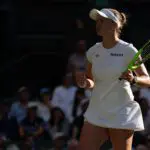 Barbora Krejcikova of the Czech Republic reacts during her match against Mirra Andreeva on day three at All England Lawn Tennis and Croquet Club.