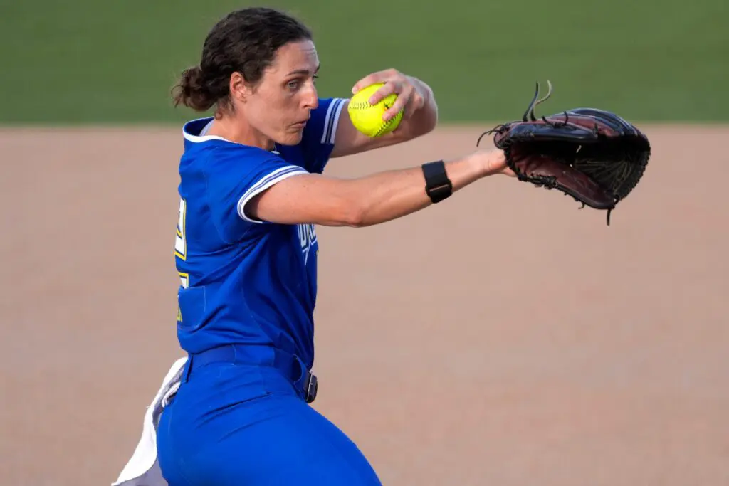 Jailyn Ford of the Spark pitches during an AUSL softball game between the Oklahoma City Spark and the Carolina Blaze.