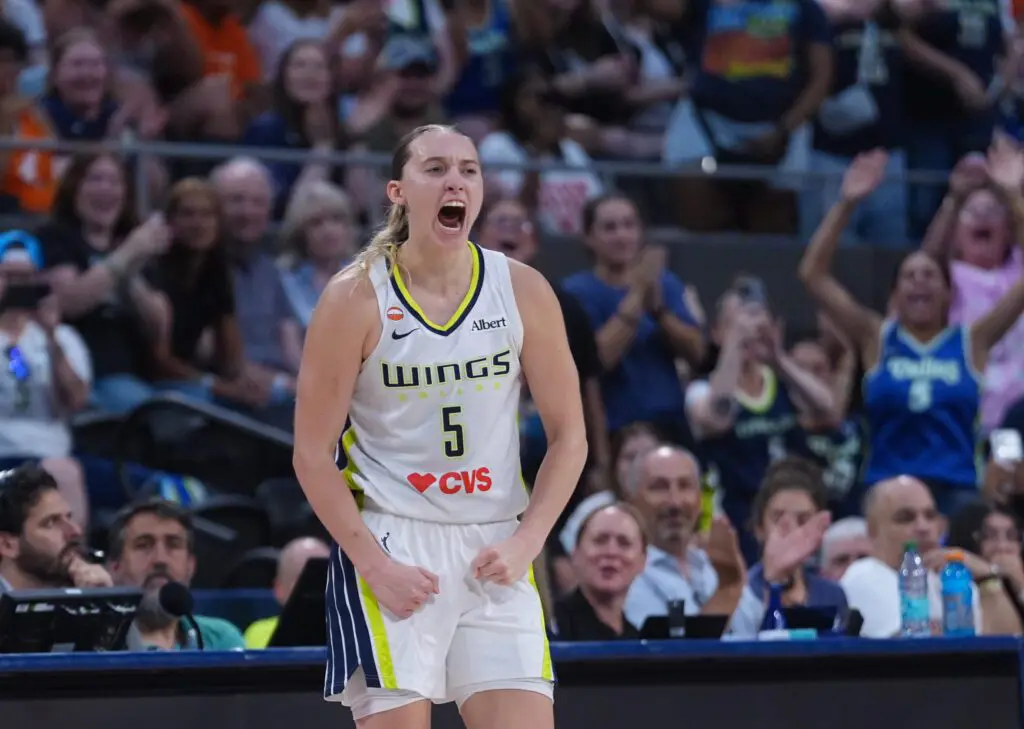Dallas Wings guard Paige Bueckers (5) reacts after her basket and foul by the Connecticut Sun in the second half at PeoplesBank Arena.