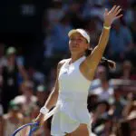 Jessica Pegula of the United States celebrates winning her match against Iva Jovic of the United States on day seven at All England Lawn Tennis and Croquet Club.