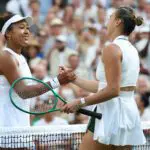 Naomi Osaka (JPN) (L) shakes hands with Aryna Sabalenka (R) at the net after their match on day seven of The Championships Wimbledon 2026 at All England Lawn.