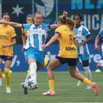 Utah Royals defender Kate del Fava (8) defends Chicago Stars FC forward Jordyn Huitema (99) during the first half at Northwestern Medicine Field at Martin Stadium.