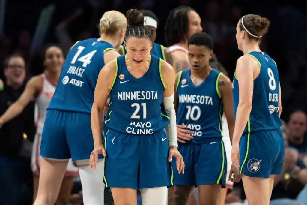 Minnesota Lynx guard Kayla McBride (21) reacts after making a shot against the Connecticut Sun in the second half at Target Center.