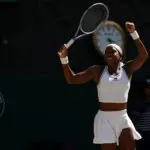 Coco Gauff (USA) celebrates after match point against Jessica Pegula (USA) (not pictured) on day nine of The Championships Wimbledon 2026 at All England Lawn Tennis and Croquet Club.