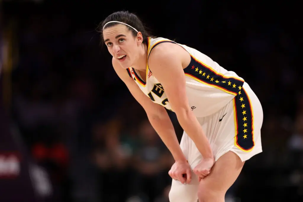 Indiana Fever guard Caitlin Clark (22) reacts to a play during the fourth quarter against the Los Angeles Sparks at Crypto.com Arena.