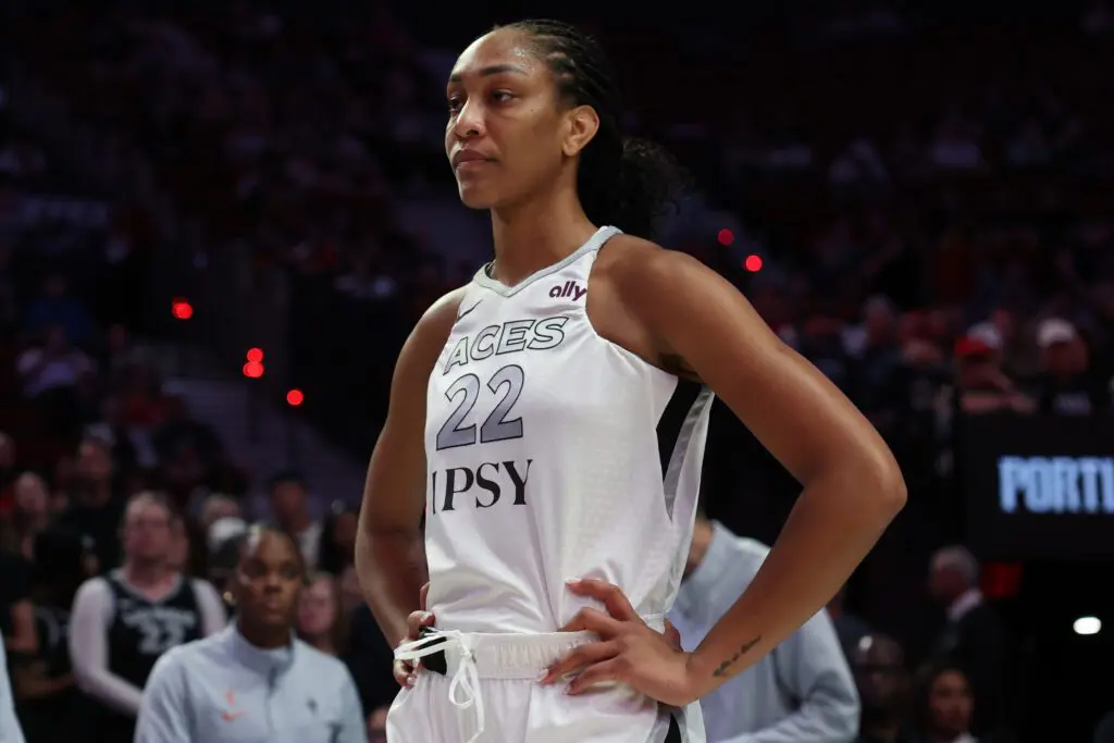 Las Vegas Aces center A'ja Wilson (22) looks on prior to the game against the Portland Fire.