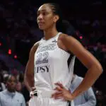 Las Vegas Aces center A'ja Wilson (22) looks on prior to the game against the Portland Fire.