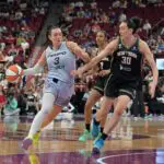 Toronto Tempo guard Marina Mabrey (3) dribbles against New York Liberty forward Breanna Stewart (30) during the first half at the Bell Centre.