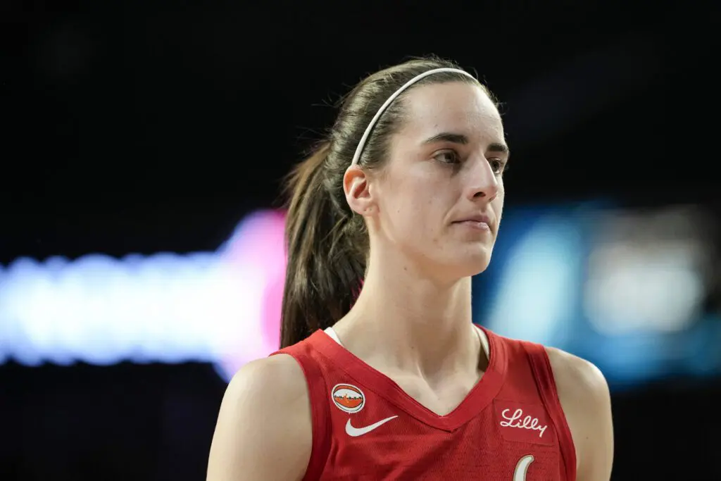 Indiana Fever guard Caitlin Clark (22) looks on during the third quarter of a WNBA basketball game against the Las Vegas Aces at Michelob Ultra Arena.